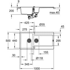 Grohe K500 Kuvars Kompozit Eviye 60 -C 100/50, Granit Siyah Rengi - 31646AP0