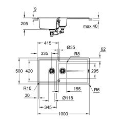 Grohe K400 60-C 1,5 Hazneli 100 Cm Quartz Kompozit Eviye, Siyah Granit 31642AP0 (SADECE İSTANBUL'A SEVK EDİLİR)